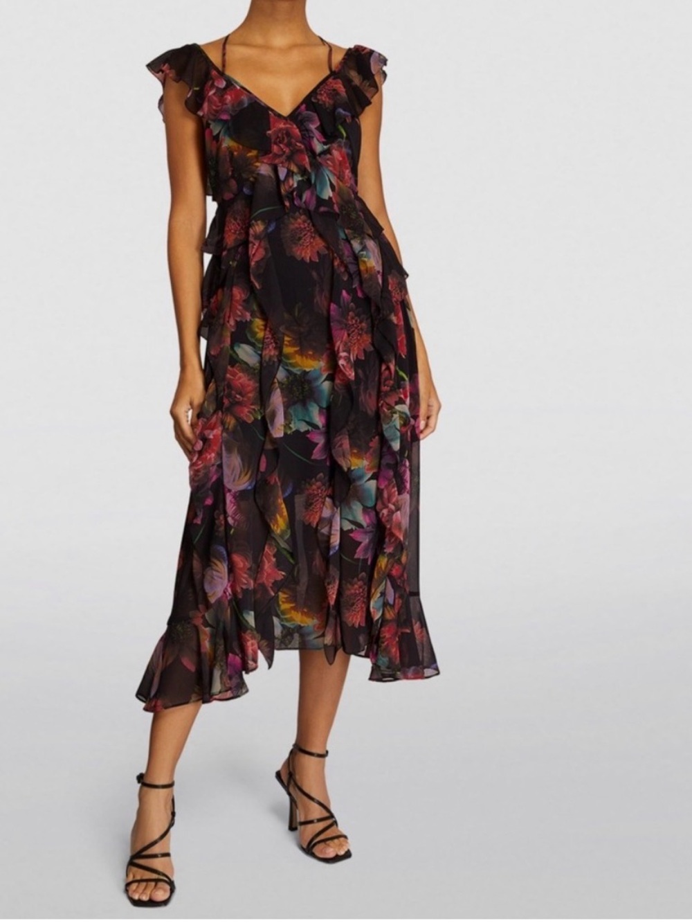 All Saints Black Multi-Color Floral Ruffle Midi Dress